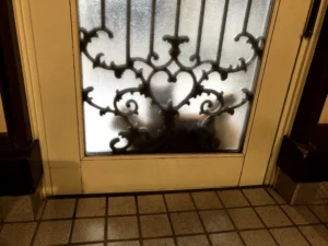 すりガラス越しに見える親子猫3匹のシルエット